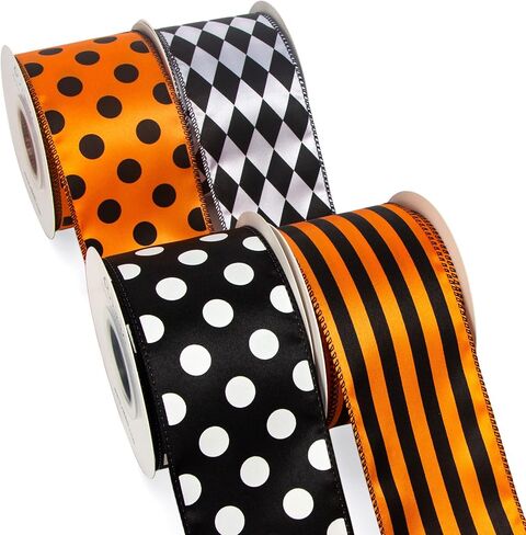 Ribbli 4 Rolls Halloween Ribbon Black and Orange SATIN SATIN MIRBON ، 2-1/2 بوصة المجموع 40 ياردة ، نقاط البولكا/الشريط/الماس ، الشريط السلكي الهالوين للقوس الكبير ، الزهور ، زخرفة الأشجار in Saudi Arabia