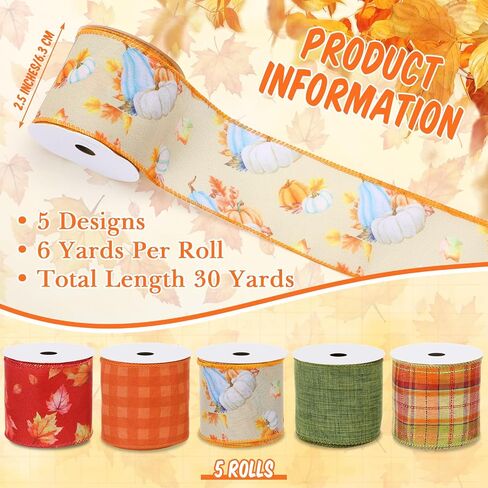 Blosssound Fall Ribbon Wired 2.5 inch × 30 ياردة الخيش الخريف أوراق القرع اليقطين بوفالو بلايد أشرطة سلكية ذات حدين مجموعة 5 لفة لخريف الحفلات الحفل الزهور القوس (البرتقالي ، الحصاد) in Saudi Arabia