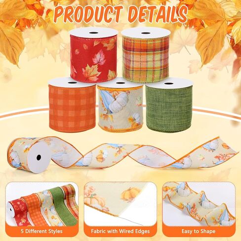 Blosssound Fall Ribbon Wired 2.5 inch × 30 ياردة الخيش الخريف أوراق القرع اليقطين بوفالو بلايد أشرطة سلكية ذات حدين مجموعة 5 لفة لخريف الحفلات الحفل الزهور القوس (البرتقالي ، الحصاد) in Saudi Arabia
