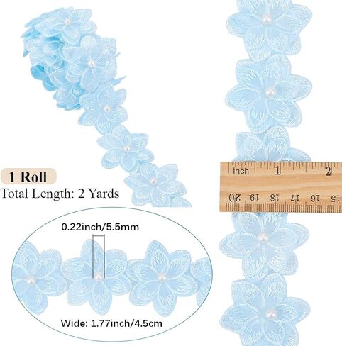 1 3/4 Inch Blue Embroidered Flower Trim 3D Floral Edge Lace Ribbon Pearl Bead Embroidery Fabric Applique Trimming Bulk for Sewing Making Crafts Dresses Clothes Wedding Gift Wrapping Supply in Saudi Arabia