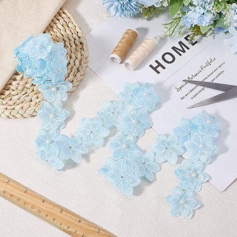 1 3/4 Inch Blue Embroidered Flower Trim 3D Floral Edge Lace Ribbon Pearl Bead Embroidery Fabric Applique Trimming Bulk for Sewing Making Crafts Dresses Clothes Wedding Gift Wrapping Supply in Saudi Arabia