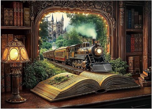 Train Forest Book Puzzle 1000 قطعة للبالغين ، Magic Vintage Plant Jigsaw Buzzles Castle ، Fantasy Bookshelf Nature Tree Buzzles in Saudi Arabia