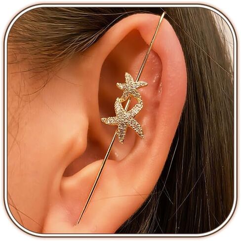Fanquility Vintage Ear Wrap Crawler Hook Earrings Crystal Long Piercing Star-Shape Lightning Bolt Exaggerate Wrap Climber Earrings Gold Silver Cz Ear Cuff Earrings for Women and Girls in Saudi Arabia