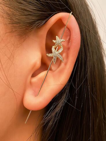 Fanquility Vintage Ear Wrap Crawler Hook Earrings Crystal Long Piercing Star-Shape Lightning Bolt Exaggerate Wrap Climber Earrings Gold Silver Cz Ear Cuff Earrings for Women and Girls in Saudi Arabia