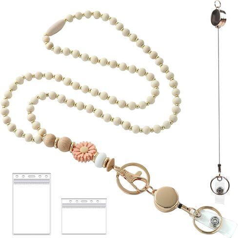 Wooden Beaded Lanyard for Women - Cute Teacher Nurse ID Badge Holder - Retractable Breakaway Keychain for Keys in Kuwait