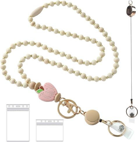 Wooden Beaded Lanyard for Women - Cute Teacher Nurse ID Badge Holder - Retractable Breakaway Keychain for Keys in Kuwait