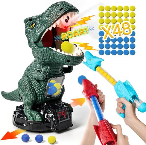 Dinosaur Shooting Toy for Boys Girls, Movable Target Shooting Games with 2 Air Pump Launcher, 48 Foam Balls, LED Score Record, Spray Effect & Sound, Competition Game Gift for Kids 5 6+ (Green) in Kuwait