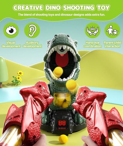 Dinosaur Shooting Toy for Boys Girls, Movable Target Shooting Games with 2 Air Pump Launcher, 48 Foam Balls, LED Score Record, Spray Effect & Sound, Competition Game Gift for Kids 5 6+ (Green) in Kuwait