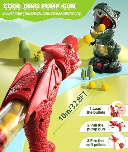 Dinosaur Shooting Toy for Boys Girls, Movable Target Shooting Games with 2 Air Pump Launcher, 48 Foam Balls, LED Score Record, Spray Effect & Sound, Competition Game Gift for Kids 5 6+ (Green) in Kuwait