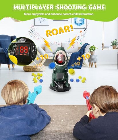 Dinosaur Shooting Toy for Boys Girls, Movable Target Shooting Games with 2 Air Pump Launcher, 48 Foam Balls, LED Score Record, Spray Effect & Sound, Competition Game Gift for Kids 5 6+ (Green) in Kuwait