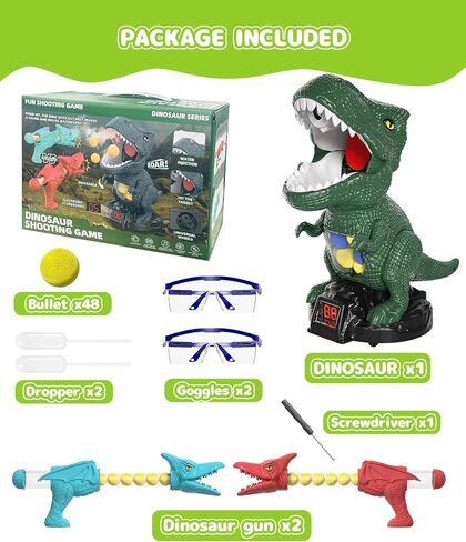 Dinosaur Shooting Toy for Boys Girls, Movable Target Shooting Games with 2 Air Pump Launcher, 48 Foam Balls, LED Score Record, Spray Effect & Sound, Competition Game Gift for Kids 5 6+ (Green) in Kuwait