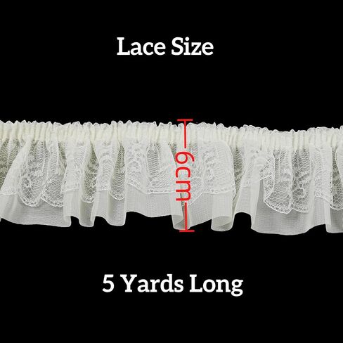 5 Yards 6cm Wide Lace Ruffle Trim Elastic Trim, 2-Layer Organza Pleated Edging Trimmings, Pleated Lace Ribbon for DIY Sewing, Dress Curtain Wedding Costume Pillowcase Decor (White) in Saudi Arabia