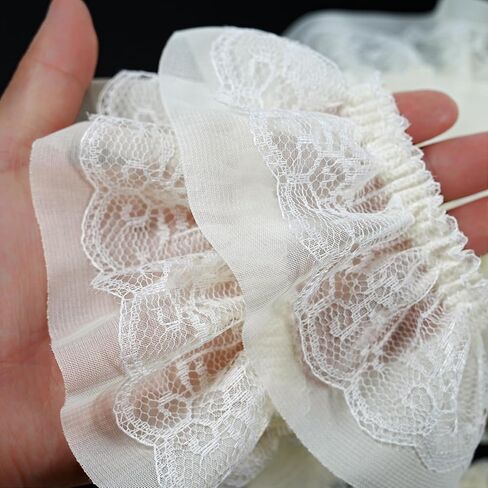5 Yards 6cm Wide Lace Ruffle Trim Elastic Trim, 2-Layer Organza Pleated Edging Trimmings, Pleated Lace Ribbon for DIY Sewing, Dress Curtain Wedding Costume Pillowcase Decor (White) in Saudi Arabia