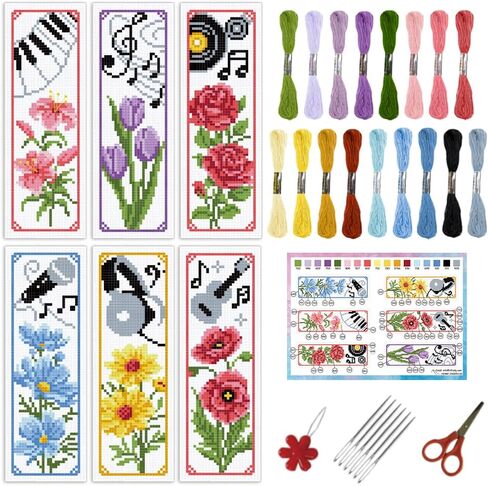 Infunly 6pcs Flower Music Music Cross Stitch Kit for Beginners DIY Lily Tulip Roses Daisy Stamped Embroidery Borkmark kits piano not in Saudi Arabia