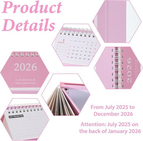 Small Calendar 2025-2026, Pink Mini Desk Calendar Standing Flip Form July 2025 to December 2026, 3.7'' ×3.1'' Thick Paper Desk Calendars for Home, School or Office Supplies in Kuwait