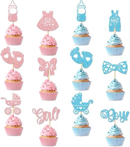 36PCS Gender Reveal Cupcake Toppers – Pink and Blue Color Scheme Baby Shower Decorations with Glitter Paper Bottles, Bows, Bodysuits, Pants, Dresses & Feet for Boy or Girl Party in Saudi Arabia