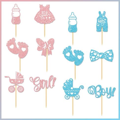 36PCS Gender Reveal Cupcake Toppers – Pink and Blue Color Scheme Baby Shower Decorations with Glitter Paper Bottles, Bows, Bodysuits, Pants, Dresses & Feet for Boy or Girl Party in Saudi Arabia