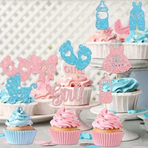36PCS Gender Reveal Cupcake Toppers – Pink and Blue Color Scheme Baby Shower Decorations with Glitter Paper Bottles, Bows, Bodysuits, Pants, Dresses & Feet for Boy or Girl Party in Saudi Arabia