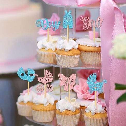 36PCS Gender Reveal Cupcake Toppers – Pink and Blue Color Scheme Baby Shower Decorations with Glitter Paper Bottles, Bows, Bodysuits, Pants, Dresses & Feet for Boy or Girl Party in Saudi Arabia