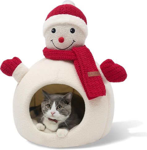 CATISM Christmas Cat Bed - Christmas Snowman Cat Bed for Indoor Cats, Cute Snowman Cat Beds with Warm Cushions Removable Cave with Non-Slip Cushioned Bottom for The Holidays in Kuwait