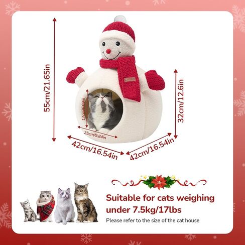 CATISM Christmas Cat Bed - Christmas Snowman Cat Bed for Indoor Cats, Cute Snowman Cat Beds with Warm Cushions Removable Cave with Non-Slip Cushioned Bottom for The Holidays in Kuwait