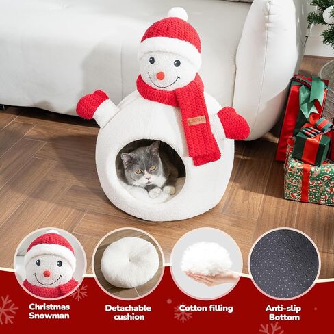 CATISM Christmas Cat Bed - Christmas Snowman Cat Bed for Indoor Cats, Cute Snowman Cat Beds with Warm Cushions Removable Cave with Non-Slip Cushioned Bottom for The Holidays in Kuwait