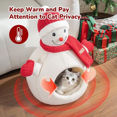 CATISM Christmas Cat Bed - Christmas Snowman Cat Bed for Indoor Cats, Cute Snowman Cat Beds with Warm Cushions Removable Cave with Non-Slip Cushioned Bottom for The Holidays in Kuwait