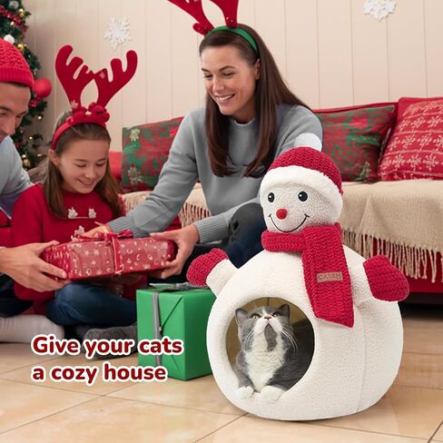 CATISM Christmas Cat Bed - Christmas Snowman Cat Bed for Indoor Cats, Cute Snowman Cat Beds with Warm Cushions Removable Cave with Non-Slip Cushioned Bottom for The Holidays in Kuwait