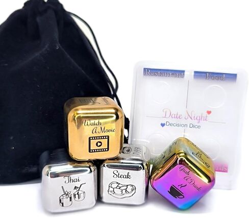 Creative Date Night Dice Game - Fun Romantic Couples Gift - 4 Metal Dices, Storage Box & Velvet Bag - Date Decision Dice Set for Girlfriend Wife Husband Him Her (Multicolor) in Kuwait