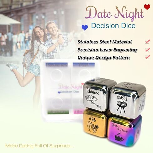 Creative Date Night Dice Game - Fun Romantic Couples Gift - 4 Metal Dices, Storage Box & Velvet Bag - Date Decision Dice Set for Girlfriend Wife Husband Him Her (Multicolor) in Kuwait