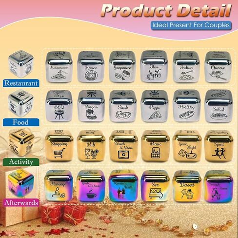 Creative Date Night Dice Game - Fun Romantic Couples Gift - 4 Metal Dices, Storage Box & Velvet Bag - Date Decision Dice Set for Girlfriend Wife Husband Him Her (Multicolor) in Kuwait