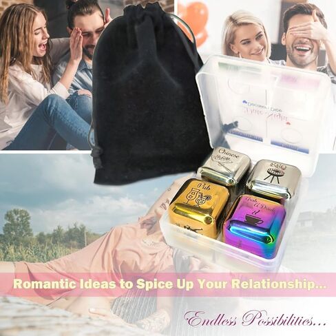 Creative Date Night Dice Game - Fun Romantic Couples Gift - 4 Metal Dices, Storage Box & Velvet Bag - Date Decision Dice Set for Girlfriend Wife Husband Him Her (Multicolor) in Kuwait