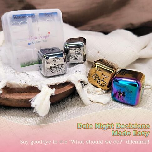 Creative Date Night Dice Game - Fun Romantic Couples Gift - 4 Metal Dices, Storage Box & Velvet Bag - Date Decision Dice Set for Girlfriend Wife Husband Him Her (Multicolor) in Kuwait