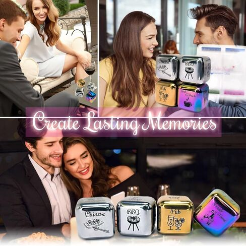 Creative Date Night Dice Game - Fun Romantic Couples Gift - 4 Metal Dices, Storage Box & Velvet Bag - Date Decision Dice Set for Girlfriend Wife Husband Him Her (Multicolor) in Kuwait