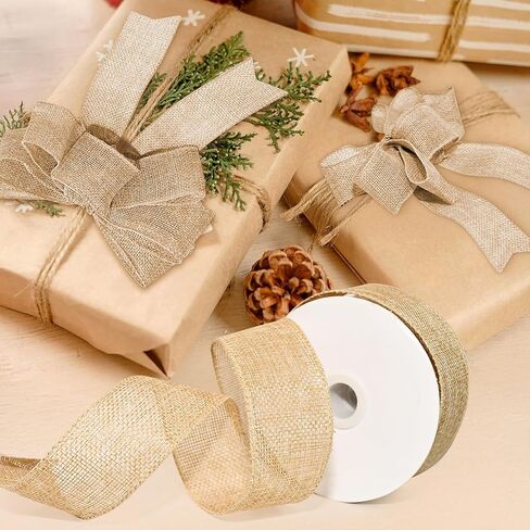 Wired Edge Decorative Ribbon DIY Craft Ribbon for Holiday Garlands Gift Wrapping and Home Decor (Natural Khaki Color, 1inches) in Kuwait