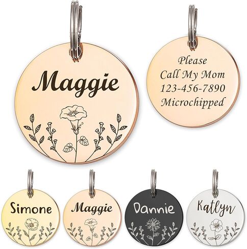 Anavia Floral Pet ID Tags, Birth Month Flowers Theme Dog Tag Round Bone Shape Cat Name Tag, Glossy Stainless Steel Gold Plated Dog Collar Tag (Round - Flower Field - Rose Gold, Medium) in Saudi Arabia