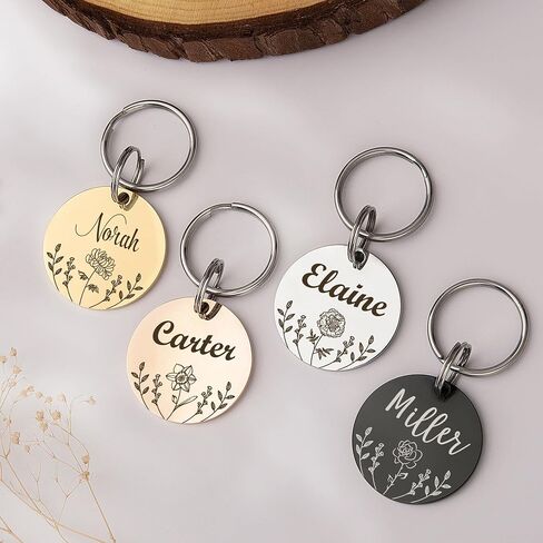 Anavia Floral Pet ID Tags, Birth Month Flowers Theme Dog Tag Round Bone Shape Cat Name Tag, Glossy Stainless Steel Gold Plated Dog Collar Tag (Round - Flower Field - Rose Gold, Medium) in Saudi Arabia