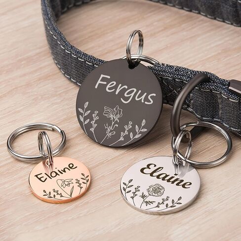 Anavia Floral Pet ID Tags, Birth Month Flowers Theme Dog Tag Round Bone Shape Cat Name Tag, Glossy Stainless Steel Gold Plated Dog Collar Tag (Round - Flower Field - Rose Gold, Medium) in Saudi Arabia