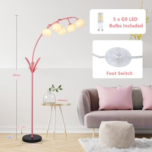مصباح أرضي قوس HMVPL لغرفة المعيشة ، مصباح أرضية زهرة مع 5 G9 مصابيح LED ، مفتاح القدم ، مصباح دافئ الأزهار الأخضر مع ظل الأكريليك ، مصباح طويل منحني لقاعة غرفة المعيشة أطفال القراءة in Kuwait
