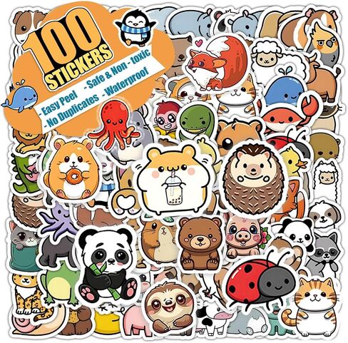 100 PCS Water Bottle Stickers for Kids, Cute Vinyl Aesthetic Waterproof Stickers for Laptop, Bumper, Skateboard, Water Bottles, Computer, Phone, Cartoon Anime Stickers (Cute Animals) in Saudi Arabia