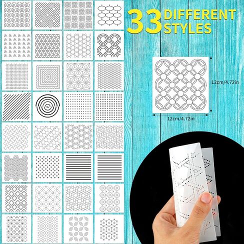 33PCS طقم قالب ساشيكو البلاستيكي 4.7 × 4.7 بوصة قالب نمط ساشيكو لترسم أنماط التطريز اليدوية وتصميم النسيج الإبداع DIY التطريز اليدوي in Saudi Arabia