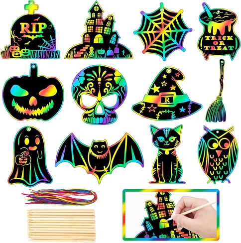 Gomanche 48 قطع Halloween خدش الفنون الحرف اليدوية للأطفال ، DIY قوس قزح سحر ورقة ، الخفافيش اليقطين المسكون الفنون الحلي وحراني للحفلات لصالح الحفلات ، الديكور العطلات in Kuwait