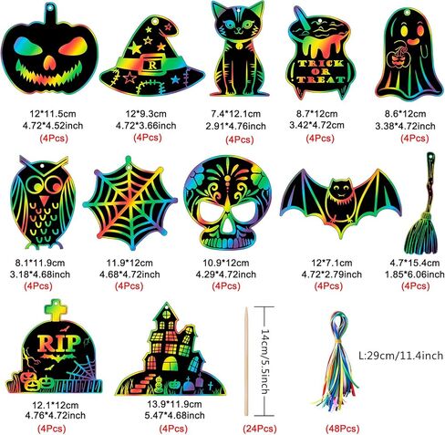 Gomanche 48 قطع Halloween خدش الفنون الحرف اليدوية للأطفال ، DIY قوس قزح سحر ورقة ، الخفافيش اليقطين المسكون الفنون الحلي وحراني للحفلات لصالح الحفلات ، الديكور العطلات in Kuwait