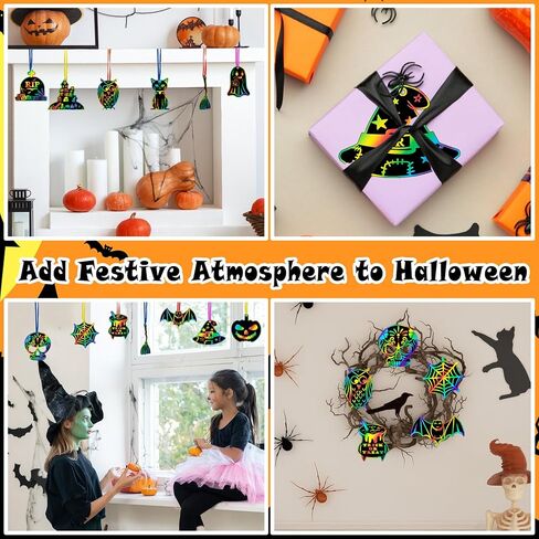 Gomanche 48 قطع Halloween خدش الفنون الحرف اليدوية للأطفال ، DIY قوس قزح سحر ورقة ، الخفافيش اليقطين المسكون الفنون الحلي وحراني للحفلات لصالح الحفلات ، الديكور العطلات in Kuwait