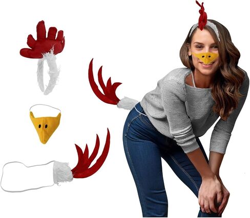 White Rooster Chicken Costume Kit - Fuzzy Headband Tail Beak Nose Mask Costume Accessory Set, Multi-Color, One Size in Saudi Arabia