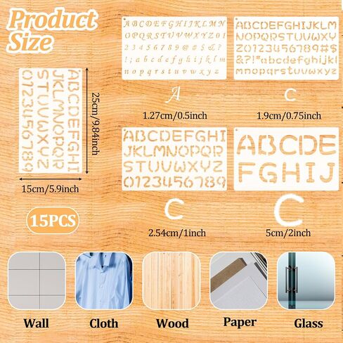 15 Pack Letter Stencils for Painting, Reusable Alphabet Stencils Plastic Letter and Number Stencil Templates Kit for Scrapbook, DIY Crafts, Art Projects (1/2, 3/4, 1, 2 Inch) in Saudi Arabia