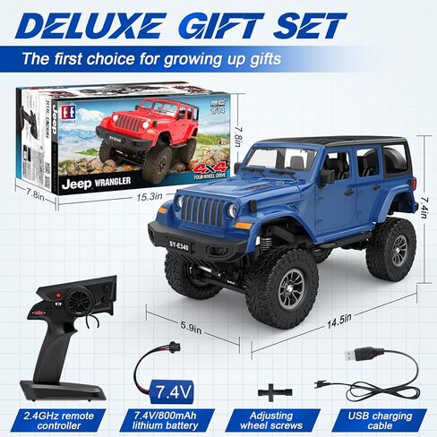 Double E 1:14 RC Jeep Wrangler Car Car Remote Conmote Care للأولاد ، شاحنات RC على الطرق الوعرة 4WD مع المصباح الأمامي LED - لعبة Jeep Toy الكاملة ، 2.4 جيجا هرتز RC سيارات Jeep ، هدايا للبالغين/الأولاد 6+ in Kuwait