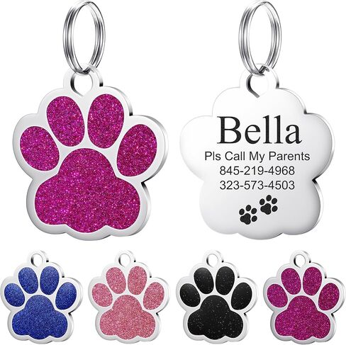 YEHANTI Dog Tags Personalized for Pets, Durable Stainless Steel Glitter Paw Print Pet ID Tags with 4 Line Texts and Icons Engraved, Custom Dog ID Tags and Name Tags for Large Small Dogs Cats(Rose Red) in Kuwait