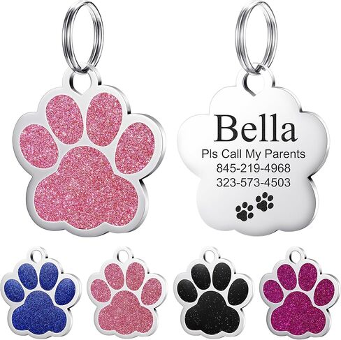 YEHANTI Dog Tags Personalized for Pets, Durable Stainless Steel Glitter Paw Print Pet ID Tags with 4 Line Texts and Icons Engraved, Custom Dog ID Tags and Name Tags for Large Small Dogs Cats(Rose Red) in Kuwait