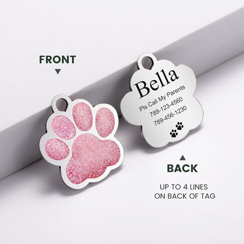 YEHANTI Dog Tags Personalized for Pets, Durable Stainless Steel Glitter Paw Print Pet ID Tags with 4 Line Texts and Icons Engraved, Custom Dog ID Tags and Name Tags for Large Small Dogs Cats(Rose Red) in Kuwait